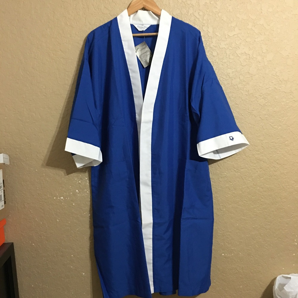 Christian Dior Monsieur Kimono Robe Mens One Size Blue White Contrast Trim NWT